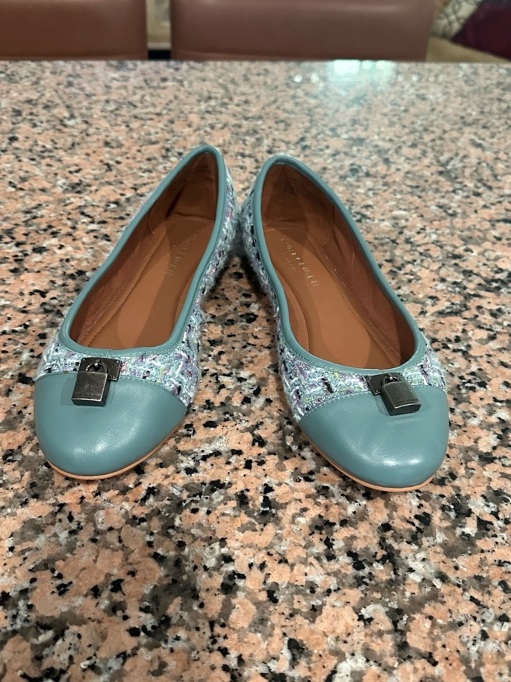 Kurt Geiger Teal Leather & Tweed Ballet Flats with Metal Accent